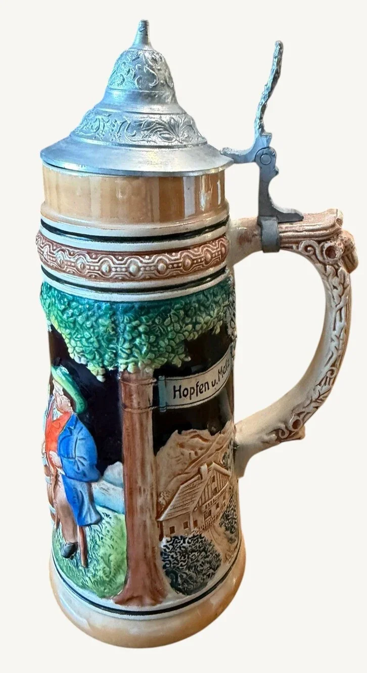 Vintage West German 1L Beer Stein Pewter Lid Hopfen Malz Relief 11.5